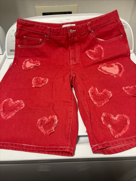 Fashion Nova Pants - Fashion Nova red Denim Jorts  with Heart Patch